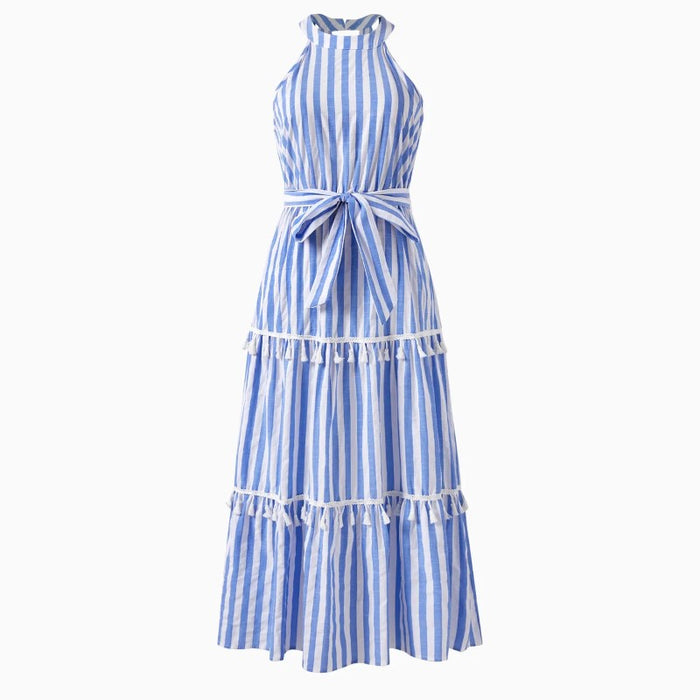 Family Matching Stripe Shirt And Halter Tassel Dress Sets