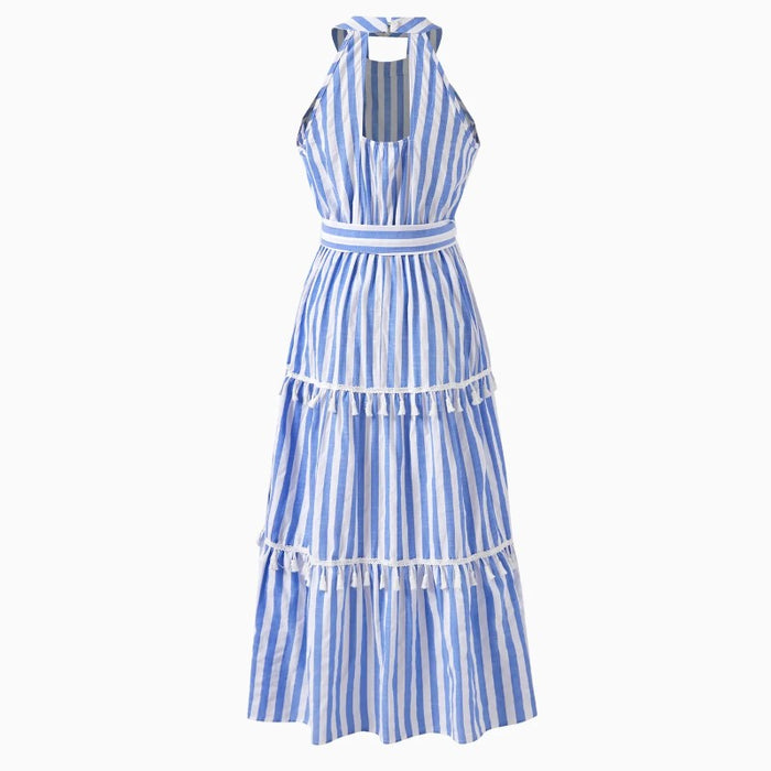 Family Matching Stripe Shirt And Halter Tassel Dress Sets