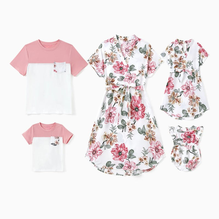 Family Matching Floral Printed Dress And T Shirt Set