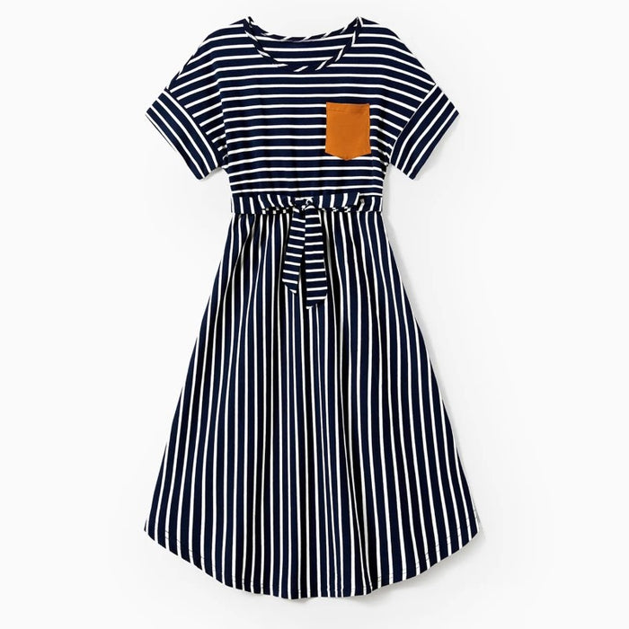 Family Matching Stripe Pocket Dresses And T Shirt Sets