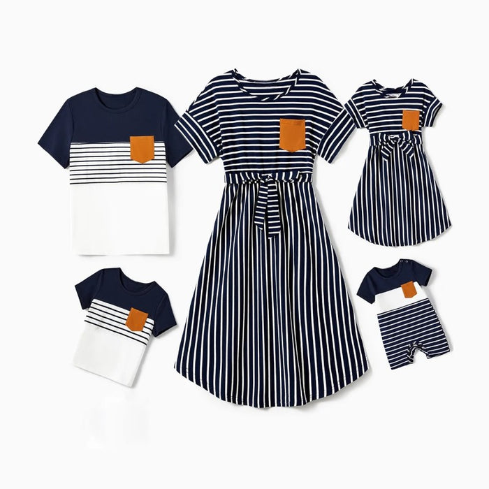 Family Matching Stripe Pocket Dresses And T Shirt Sets