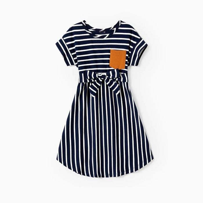 Family Matching Stripe Pocket Dresses And T Shirt Sets