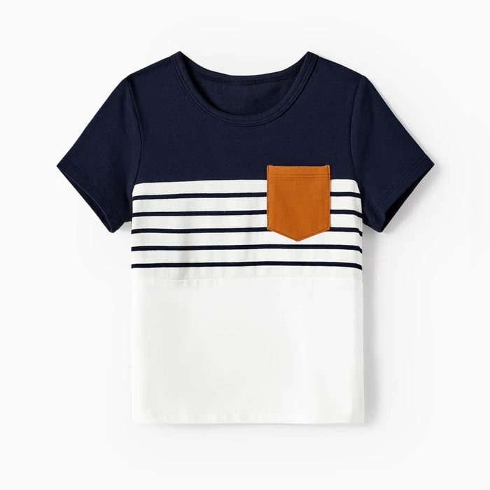 Family Matching Stripe Pocket Dresses And T Shirt Sets