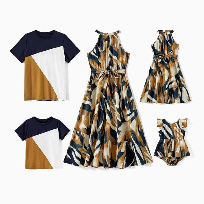 Family Matching Geo Print Halter Dresses And T Shirts Sets