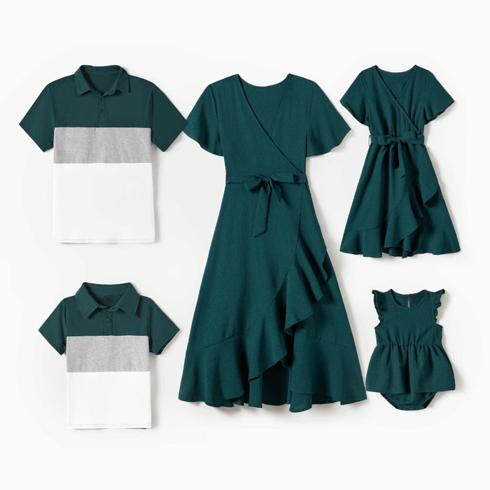 Family Matching Belted Dresses And Short Sleeved Tops Sets