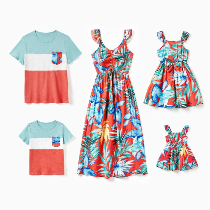 Family Matching Tropical Leaf Dress And Tee Set