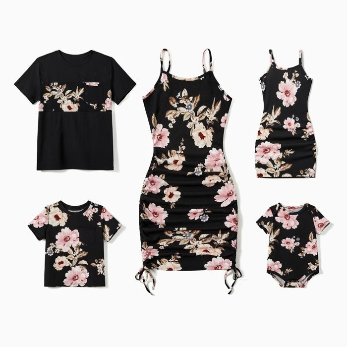 Family Matching Floral Tee And Drawstring Dress Sets