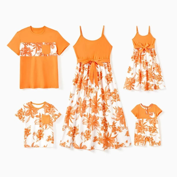 Family Matching Tee and Cami Top Spliced Belted Dress Sets