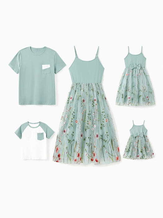 Family Matching Tee And Tulle Strap Dress Sets