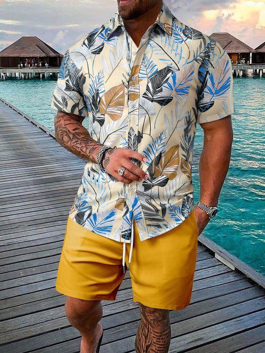 Leaf Print Short Sleeve Shirt And Shorts Set