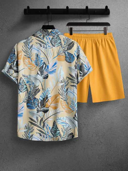 Leaf Print Short Sleeve Shirt And Shorts Set