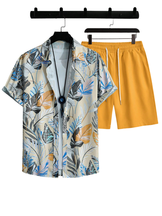 Leaf Print Short Sleeve Shirt And Shorts Set