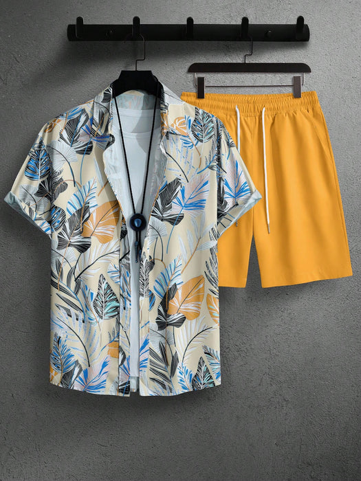 Leaf Print Short Sleeve Shirt And Shorts Set