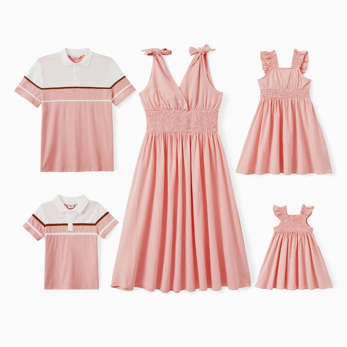 Family Matching Polo T Shirt And Tie A Line Dress Sets