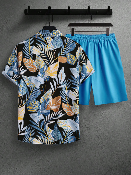 Leaf Print Short Sleeve Shirt And Shorts Set