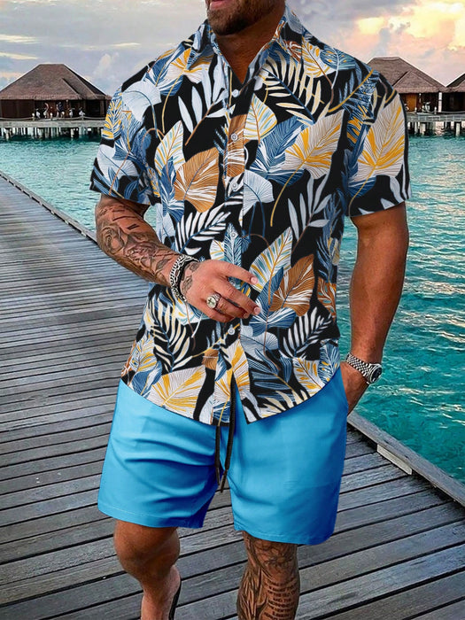 Leaf Print Short Sleeve Shirt And Shorts Set