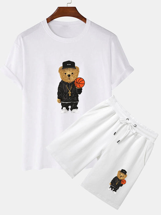 Basketball Bear Print T-Shirt And Shorts