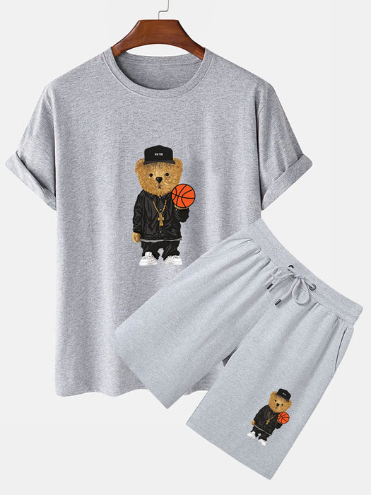 Basketball Bear Print T-Shirt And Shorts