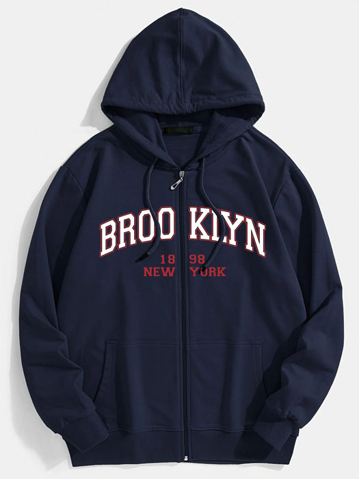 Brooklyn Print Kangaroo Pocket Zip Hoodie