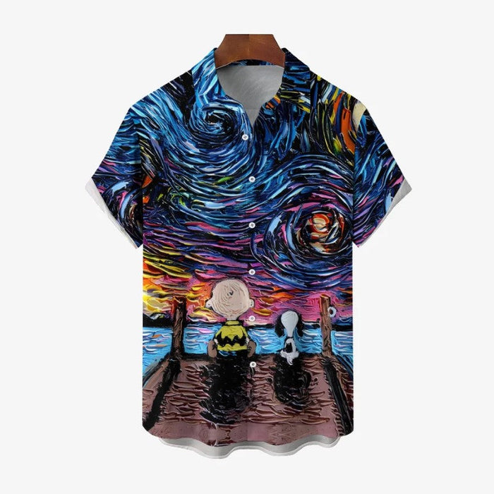 Charlie And Snoopy Cartoon Character Printed Short Sleeve Shirt