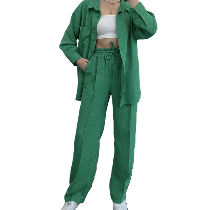 Women 2 Piece Button Down Shirt and High Waisted Pant Set