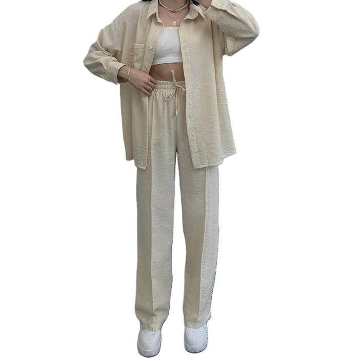 Women 2 Piece Button Down Shirt and High Waisted Pant Set