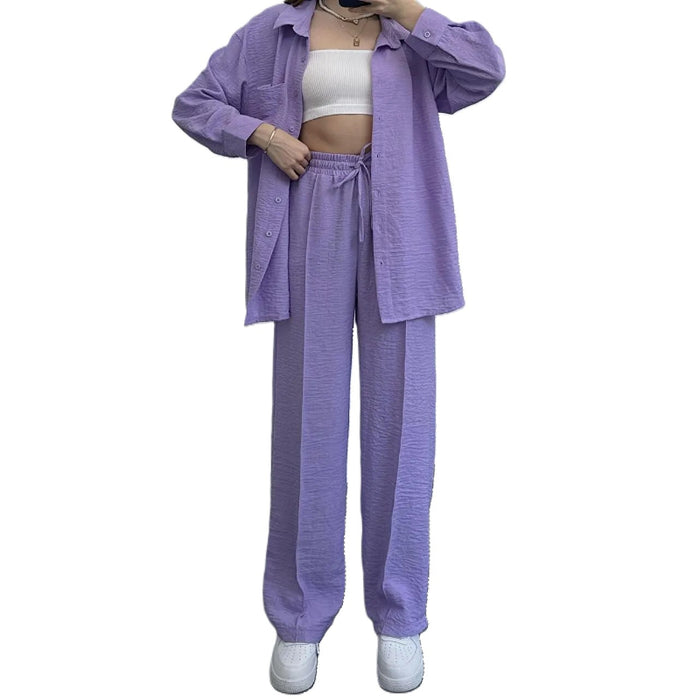 Women 2 Piece Button Down Shirt and High Waisted Pant Set