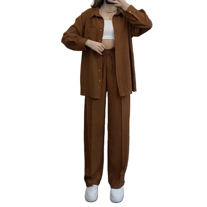 Women 2 Piece Button Down Shirt and High Waisted Pant Set