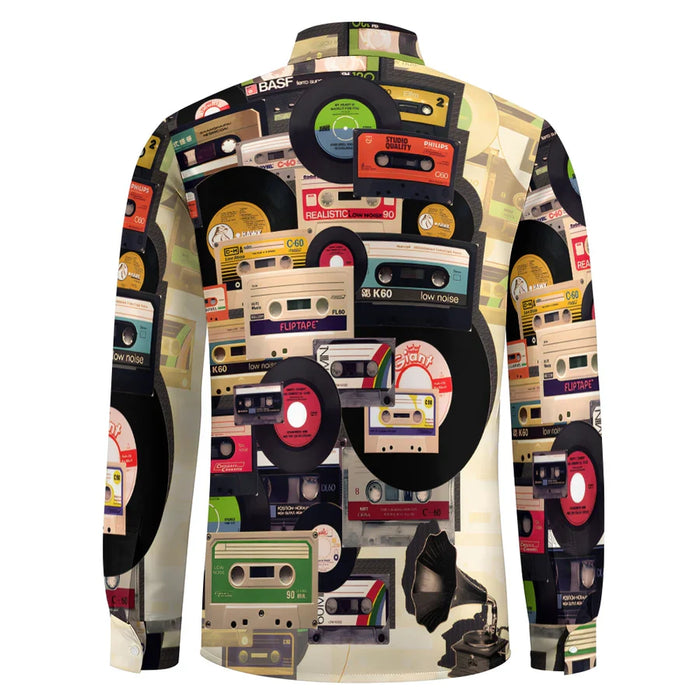 Casual Music Tape Vinyl Record Printed Long Sleeve Shirt