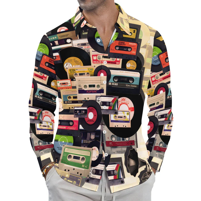 Casual Music Tape Vinyl Record Printed Long Sleeve Shirt