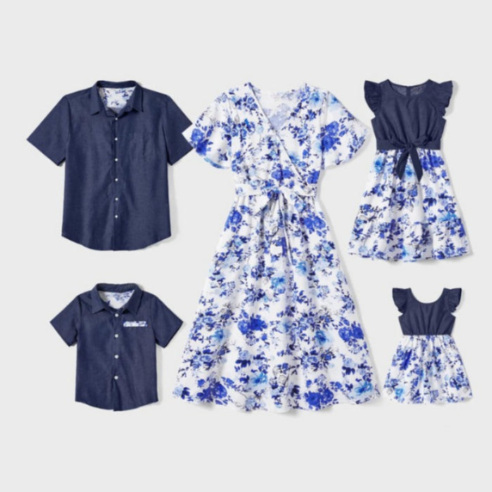 Family Ensemble With Floral And Solid Patterns