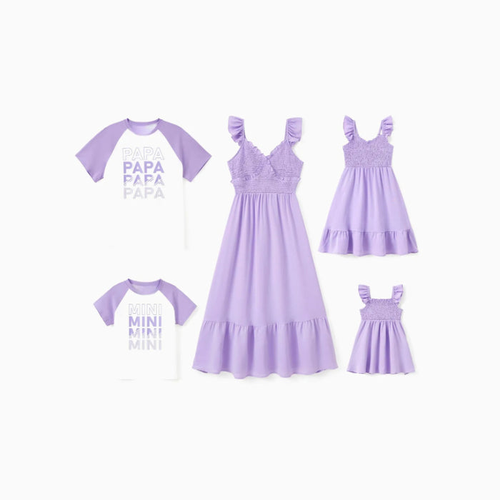 Family Matching Purple Raglan Tees And Ruffle Dresses