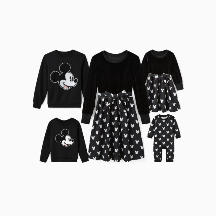 Family Matching Set Character Print Long Sleeve Tops And Belted Dresses