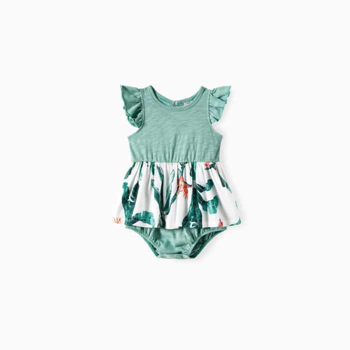 Family Matching Set Printed Panel Ruffle Hem Tank Dresses And Short Sleeve T Shirts