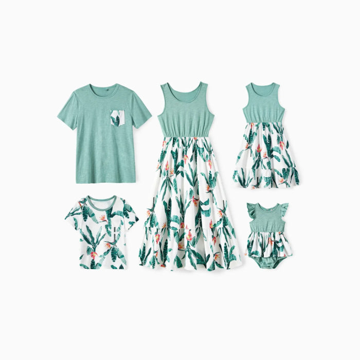 Family Matching Set Printed Panel Ruffle Hem Tank Dresses And Short Sleeve T Shirts