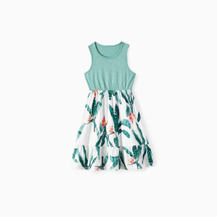 Family Matching Set Printed Panel Ruffle Hem Tank Dresses And Short Sleeve T Shirts