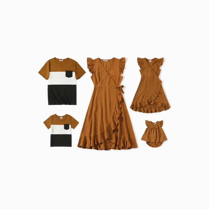 Family Matching Set Sleeveless Ruffle Wrap Dresses And Short Sleeve T Shirts Sets