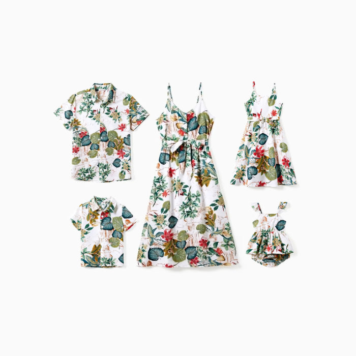 Family Matching Sets Matching Beach Shirt And Floral Strap Dress