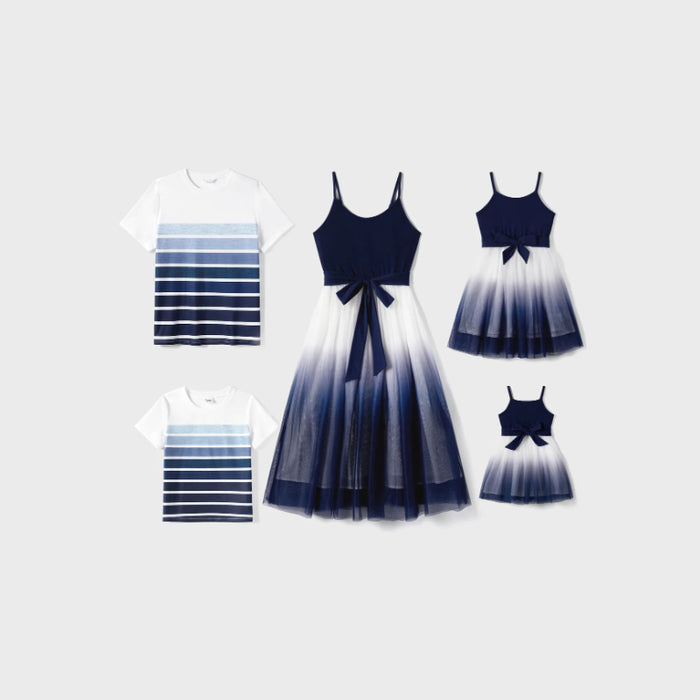 Family Matching Sets Matching Ombre Slip Dresses And Striped T Shirt