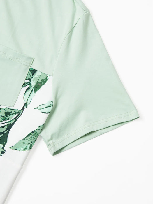 Family Matching Set Tees And Green Leaf Print Dresses