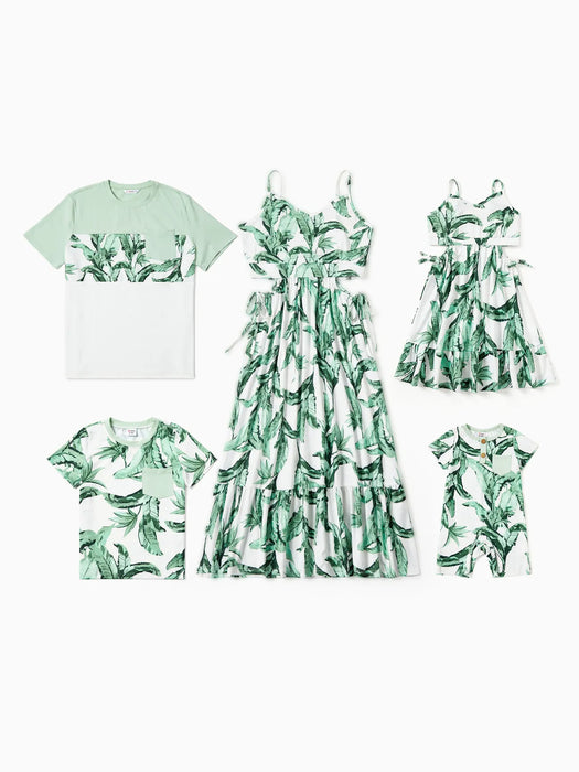 Family Matching Set Tees And Green Leaf Print Dresses