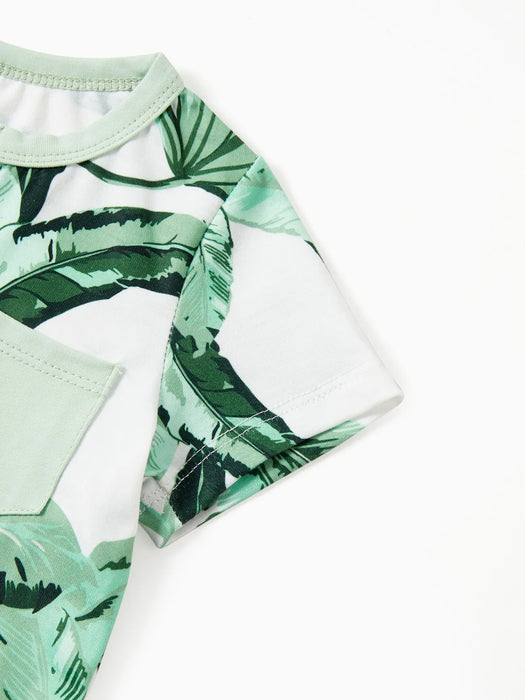 Family Matching Set Tees And Green Leaf Print Dresses