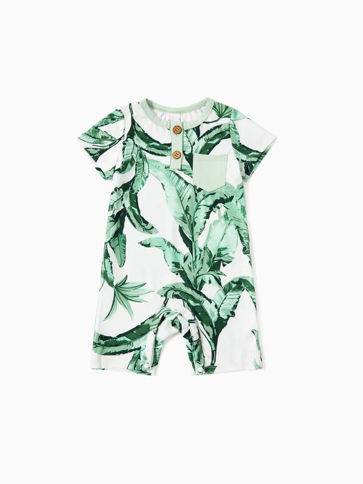 Family Matching Set Tees And Green Leaf Print Dresses