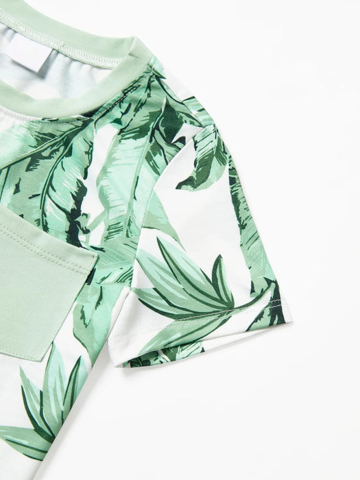 Family Matching Set Tees And Green Leaf Print Dresses