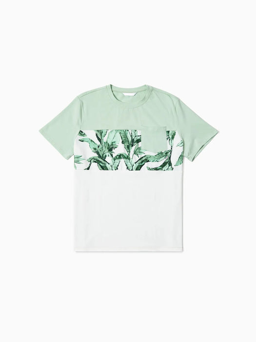 Family Matching Set Tees And Green Leaf Print Dresses