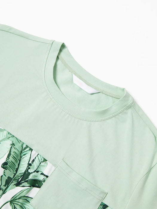 Family Matching Set Tees And Green Leaf Print Dresses