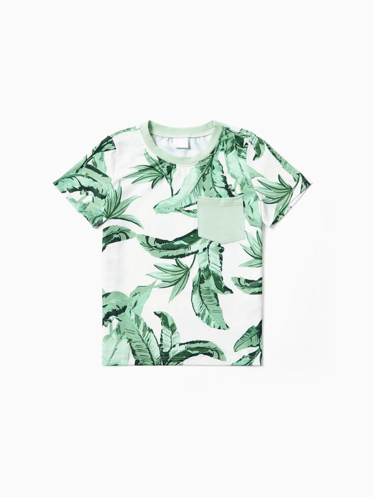 Family Matching Set Tees And Green Leaf Print Dresses