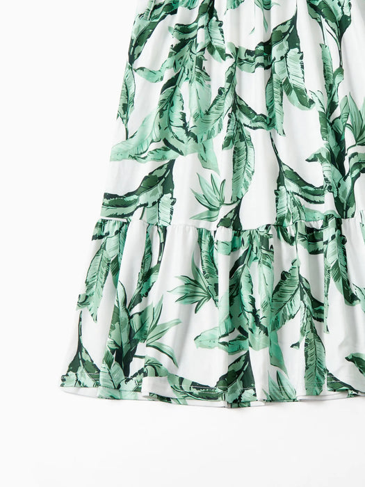 Family Matching Set Tees And Green Leaf Print Dresses