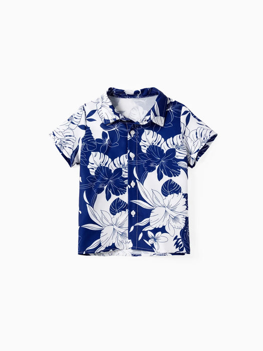 Floral Beach Shirt And A Line Ruffle Hem Strap Family Matching Set