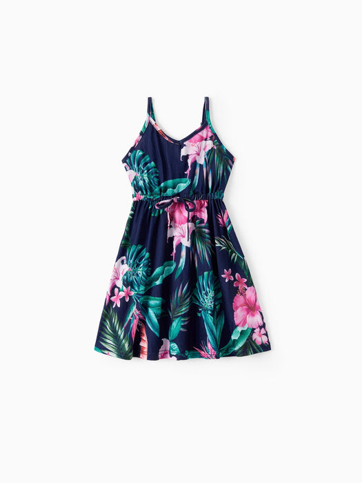 Family Matching Set Tee And Ruffled Hem Floral Strap Dress